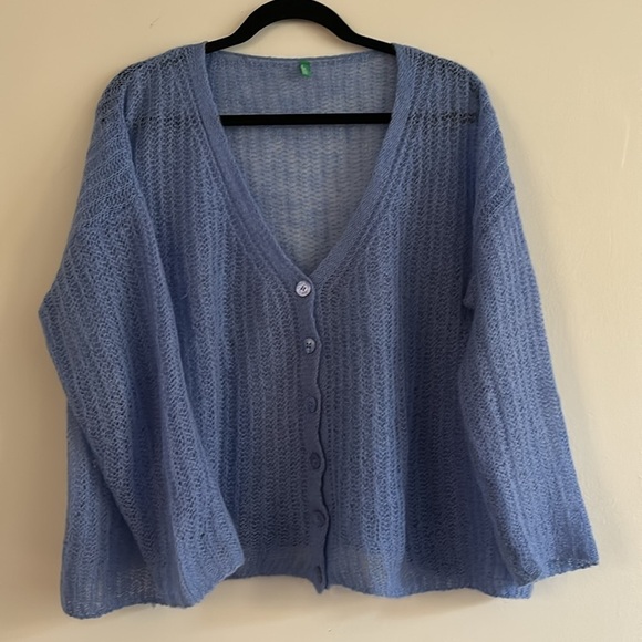 UNITED COLORS OF BENETTON sky blue super soft mohair blend cardigan size L - Picture 11 of 13